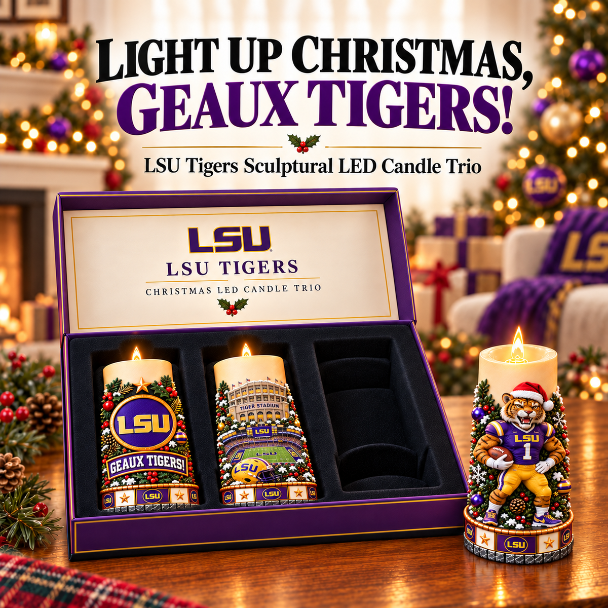 Premium LSU Sculptural LED Candle Trio NTVA
