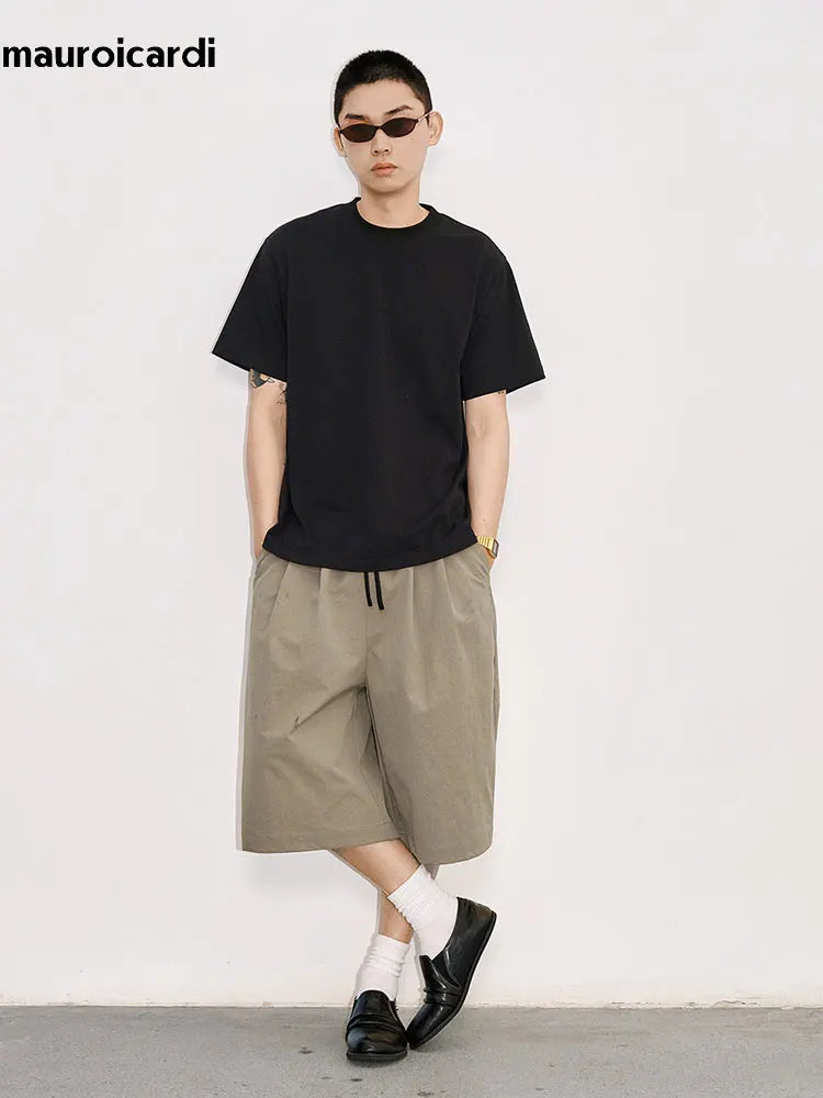 Mauroicardi Spring Summer Loose Casual Wide Leg Shorts for Men Elastic Waist Drawstring American Retro Chic Pants Clothes 2026