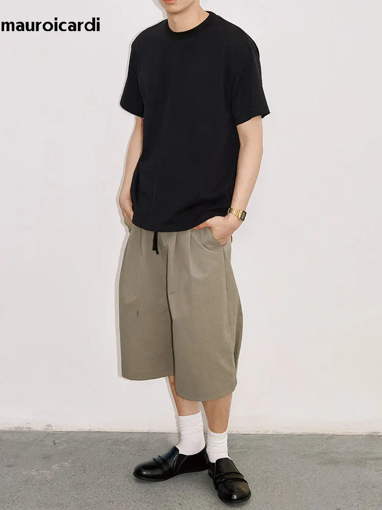 Mauroicardi Spring Summer Loose Casual Wide Leg Shorts for Men Elastic Waist Drawstring American Retro Chic Pants Clothes 2026